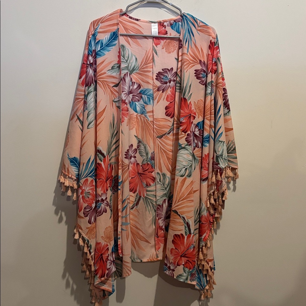 Freshwater Tropical Floral Kimono with Tassels Beach Coverup size 1X  NWT